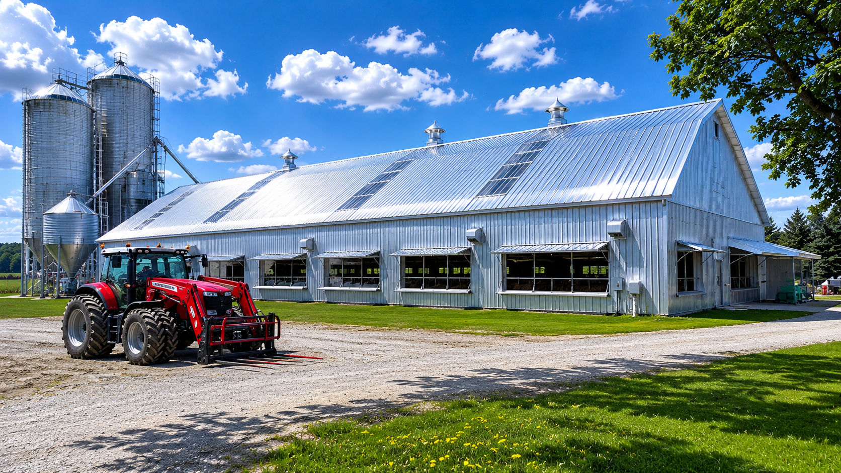 Grande étable toiture en tôle silos et tracteur rouge Québec