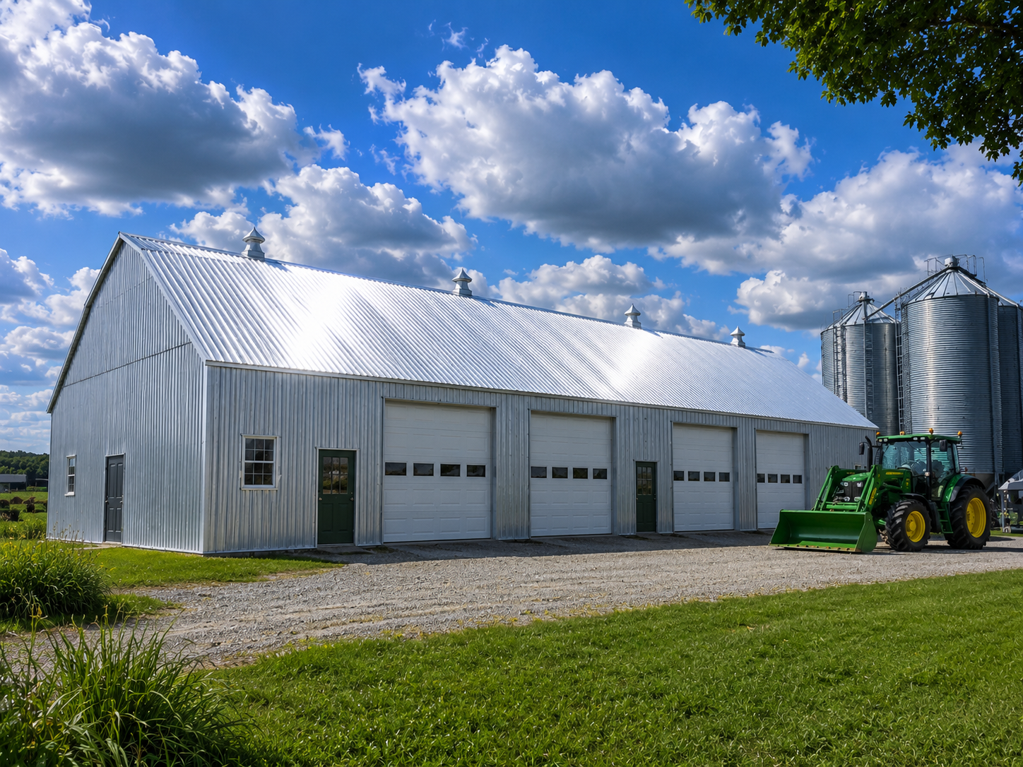 Hangar agricole toiture tôle avec tracteur John Deere et silos